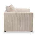 Beige corduroy armchair with a plush cushion, isolated against a white background.