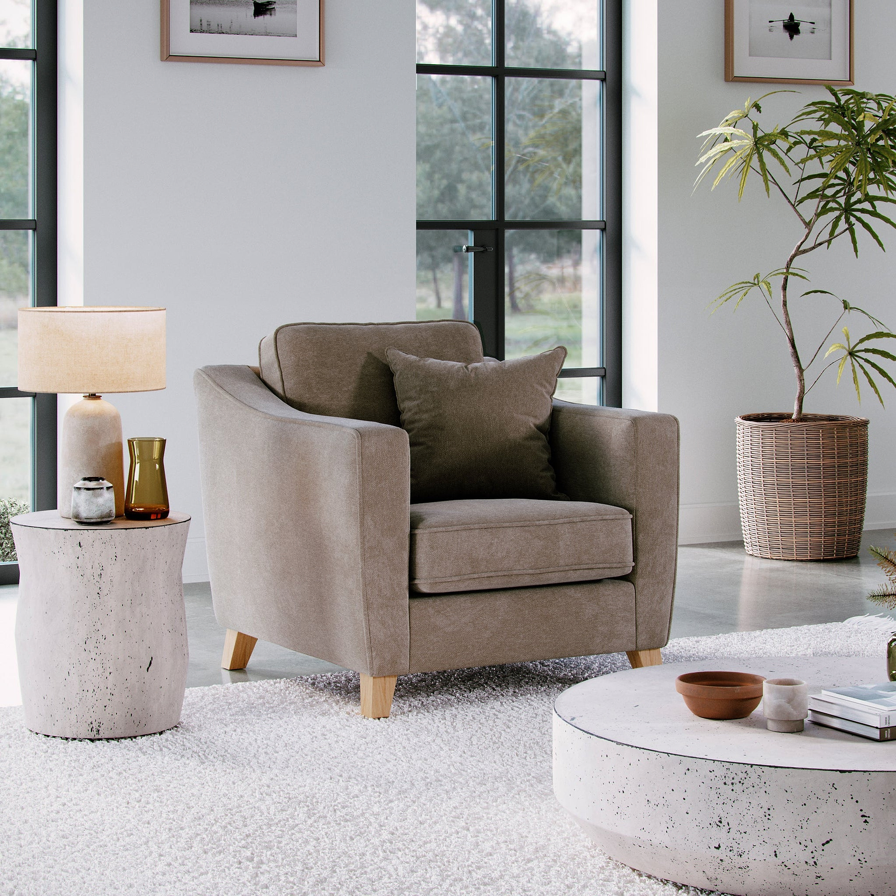 Claridge Soft Chenille Armchair Beige Life1 from Roseland Furniture