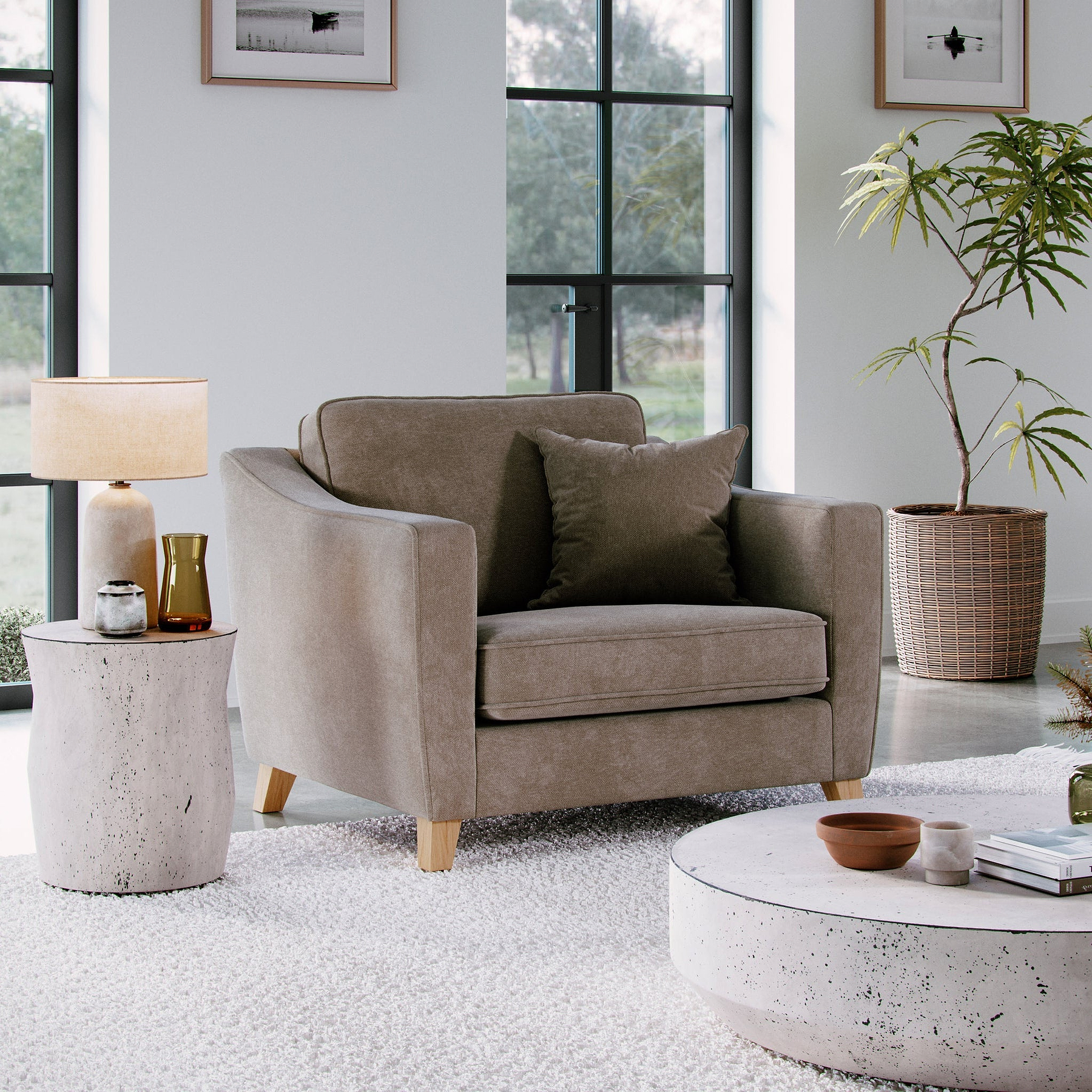 Claridge Soft Chenille Snuggle Chair Beige Life1 from Roseland Furniture