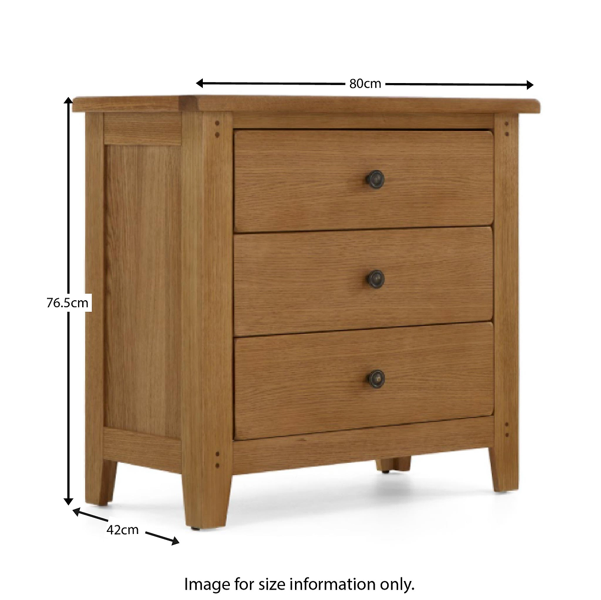 Broadway Oak 3 Drawer Chest - Size Guide