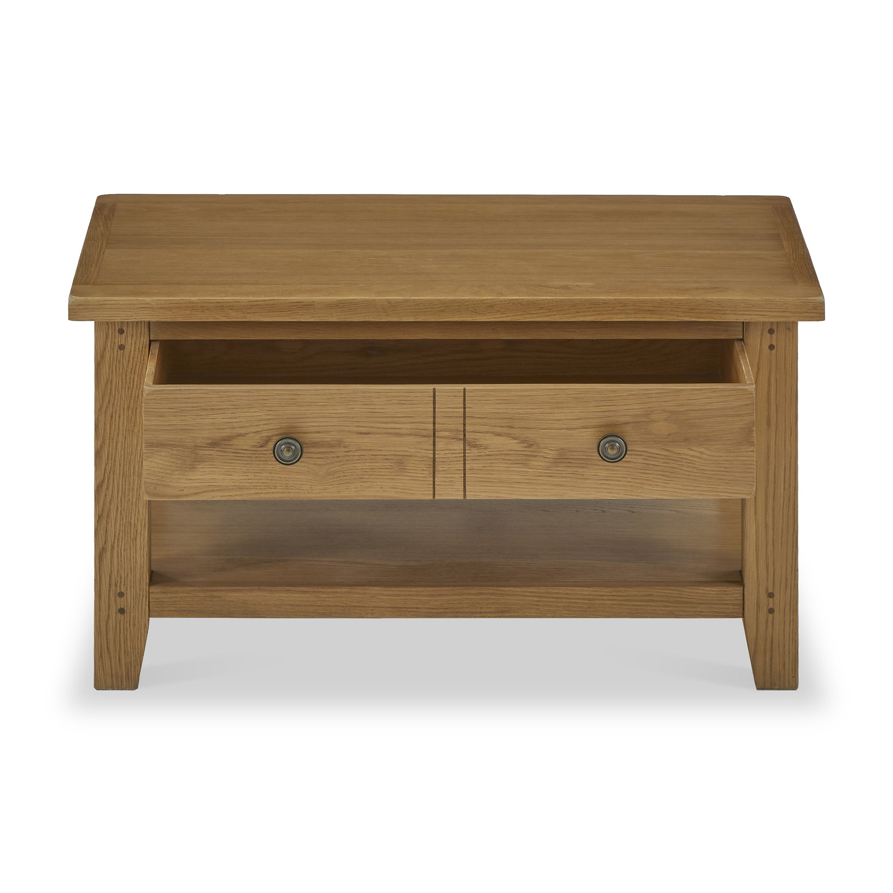 Broadway Oak Small Coffee Table by Roseland Furniture with two drawers and a lower shelf