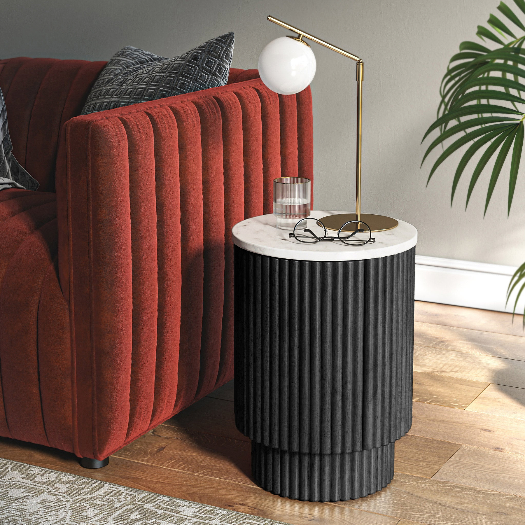 Milo Mango Marble Black Fluted Side Table with Door from Roseland Furniture