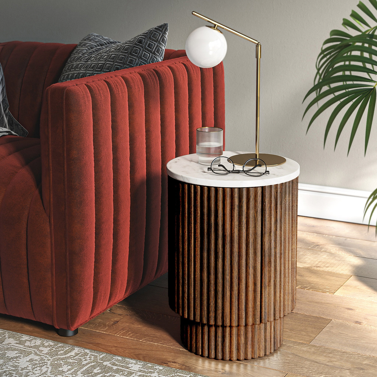 Milo Mango Marble Brown Fluted Side Table with Door from Roseland Furniture