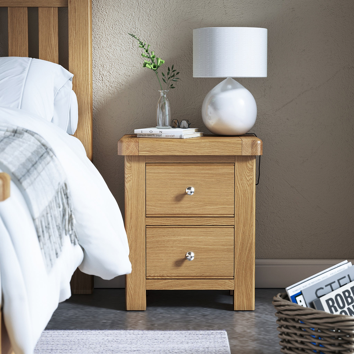 Portland-Oak-2-Drawer-Bedside-Table from Roseland Furniture