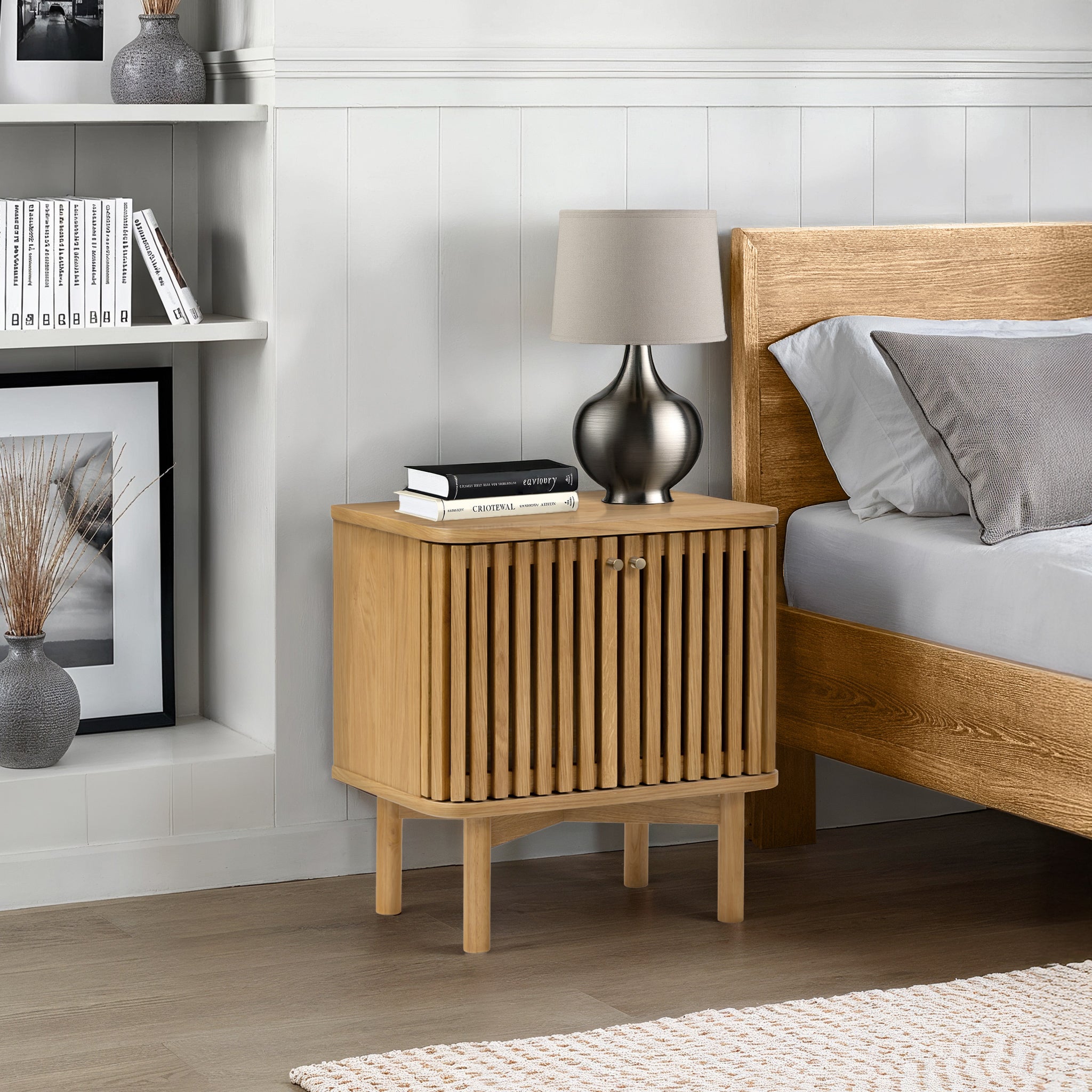 Shorwell Oak Slatted 2 Door Bedside Table | Bedroom Nightstand Cabinet