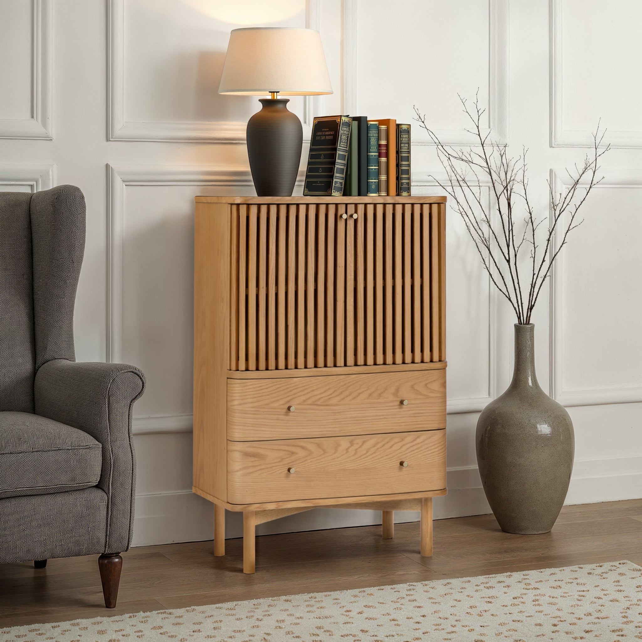 Shorwell Oak Slatted 2 Drawer 2 Door Cabinet | Roseland