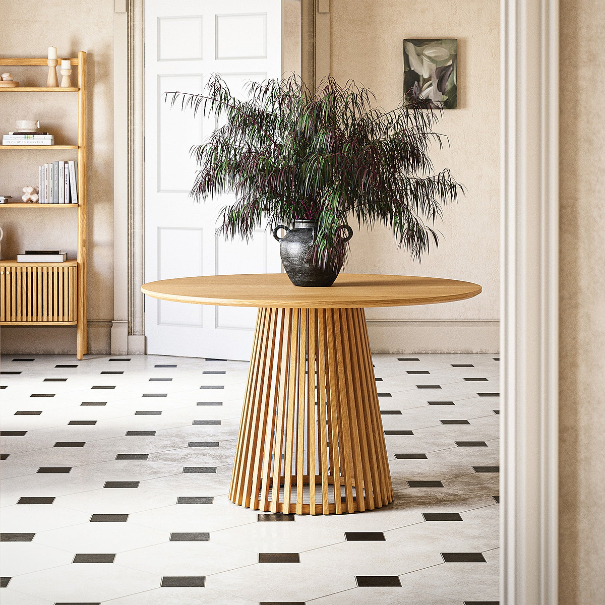 Shorwell Oak 120cm Slatted Round Dining Table from Roseland Furniture