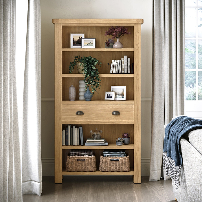 Portland-Oak-5-Shelf-Large-Bookcase from Roseland Furniture