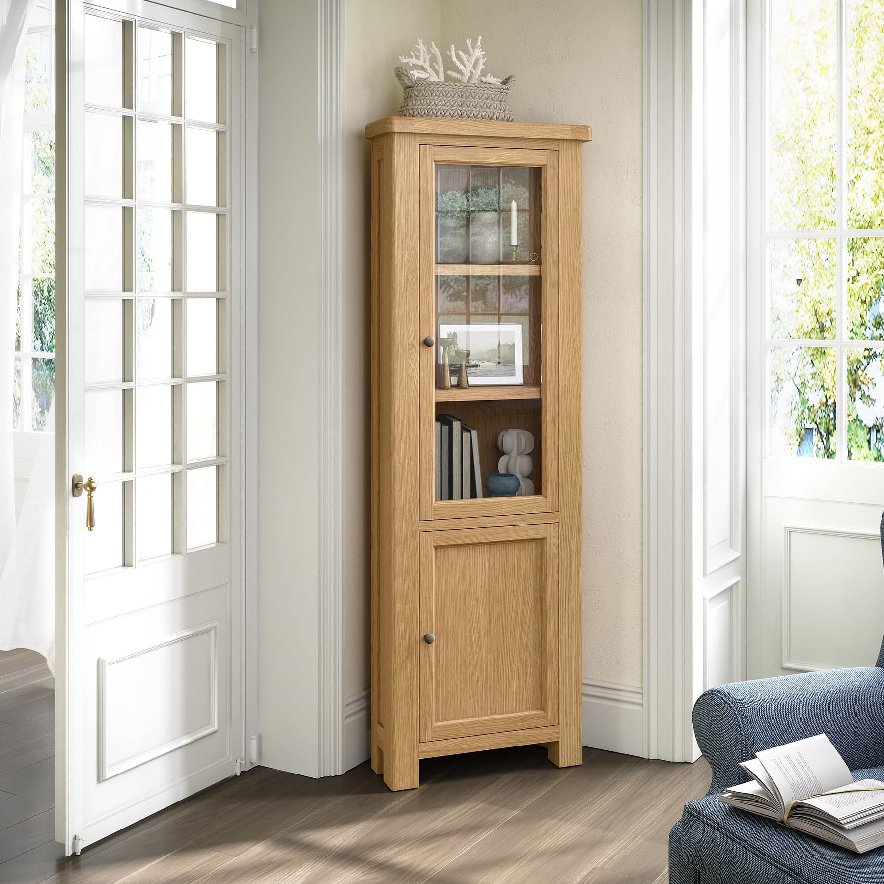 Portland Oak 2 Door Slim Corner Display Unit With 5 Shelves Roseland portland-oak-2-door-slim-corner-display-unit-with-5-shelves-roseland