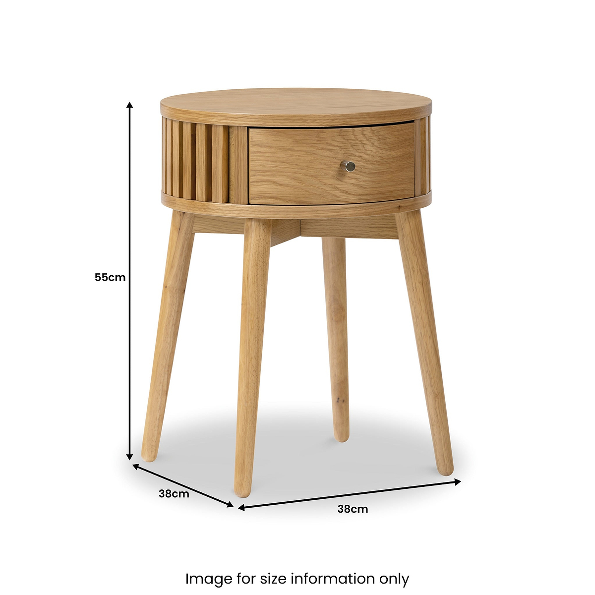 Shorwell Oak Slatted Round 1 Drawer Side Table dimensions