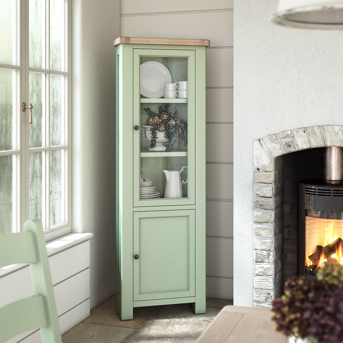 Penzance Sage Green Corner Display Cabinet from Roseland Furniture