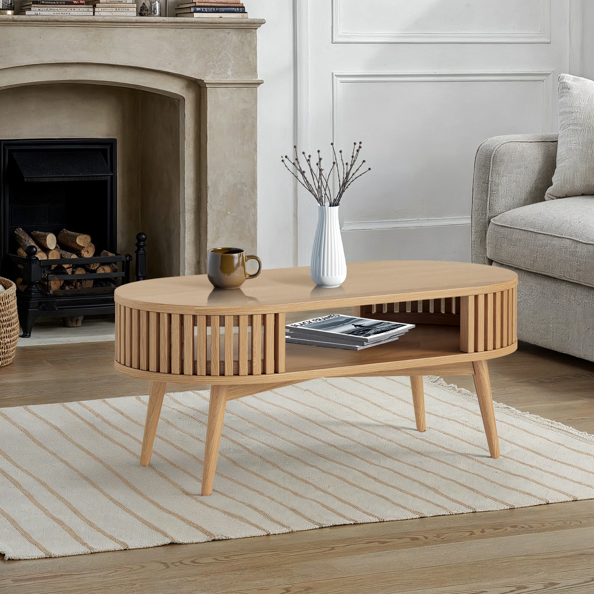 Shorwell Oak Slatted Oval Coffee Table with Open Shelf | Roseland