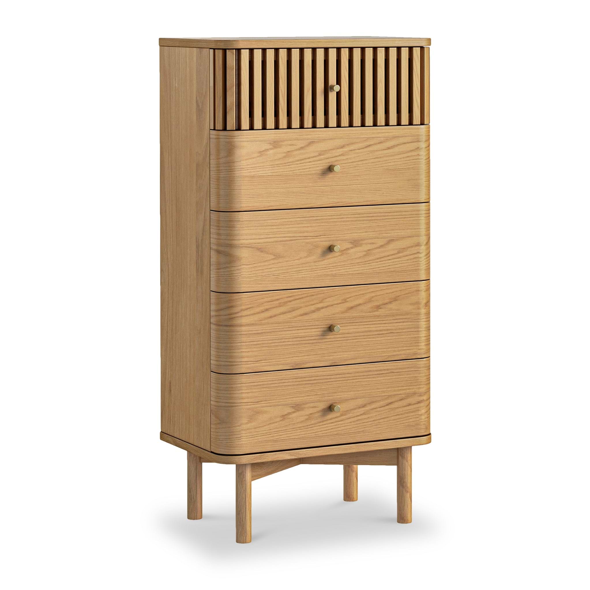 Shorwell Oak Slatted 5 Drawer Tallboy Chest of Drawers | Roseland Shorwell Oak Slatted 5 Drawer Tallboy Chest of Drawers | Roseland