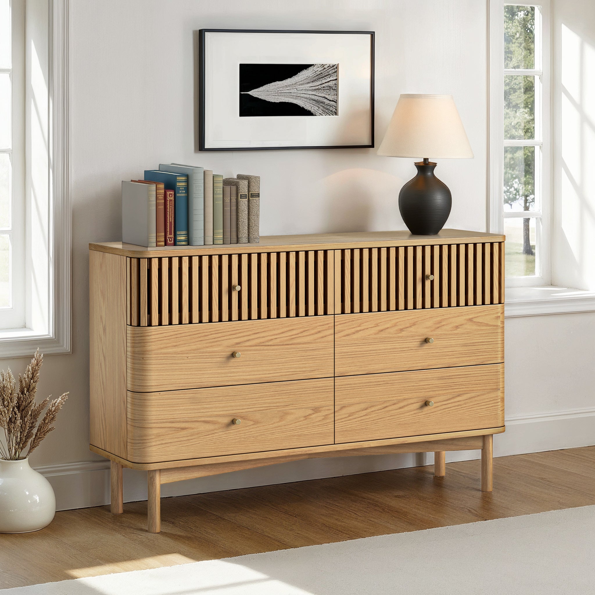 Shorwell Oak Slatted 6 Drawer Wide Chest of Drawers | Roseland