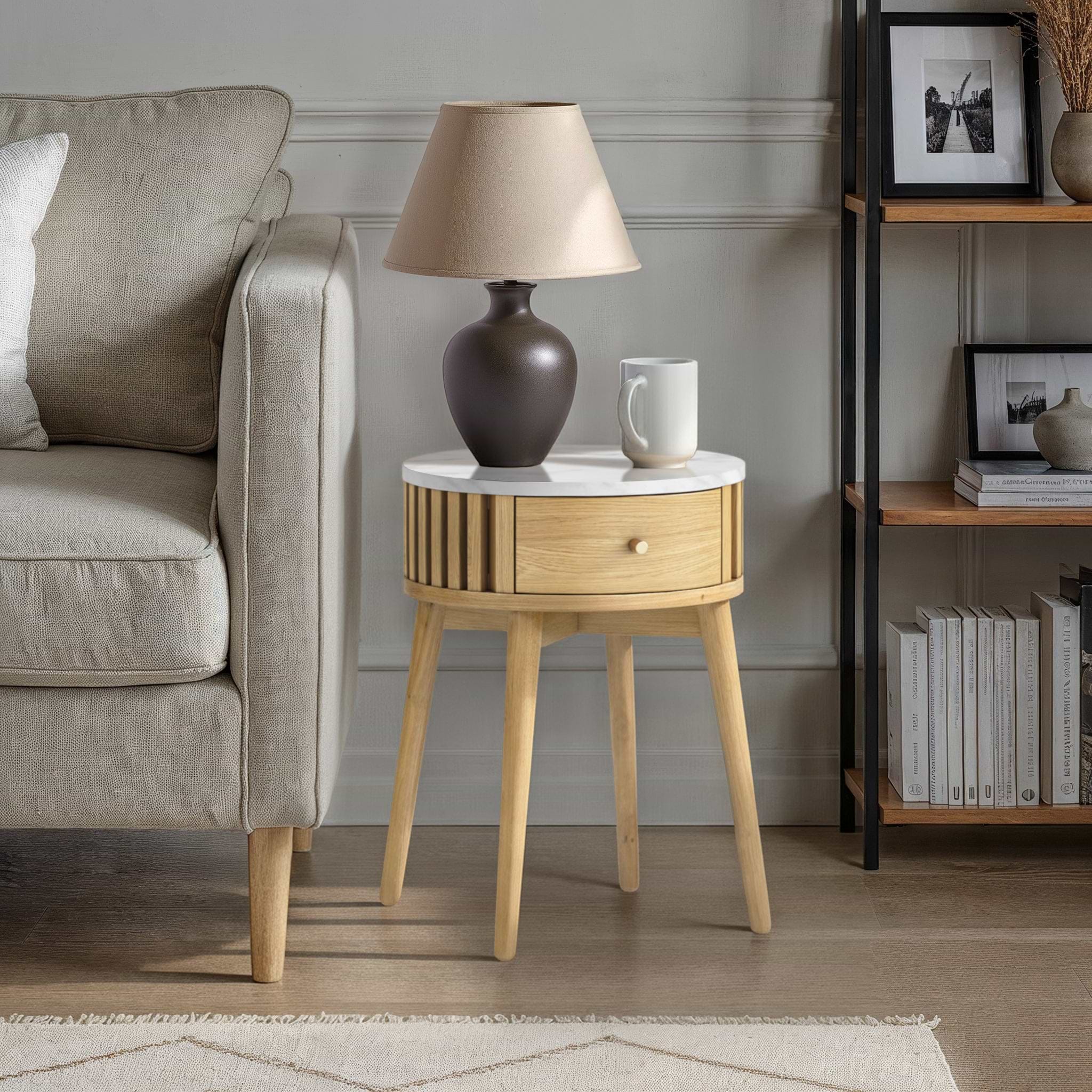 Shorwell Oak Marble 1 Drawer Side Table Natural from Roseland Furniture