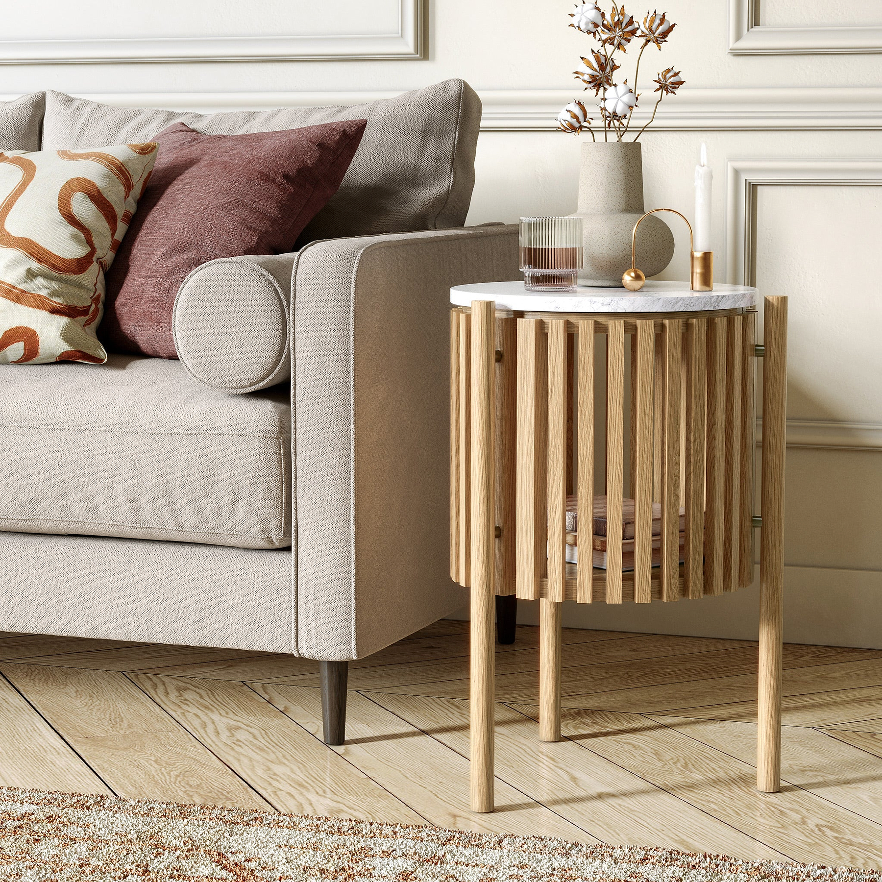 Shorwell Oak Marble 1 Door Side Table Natural from Roseland Furniture