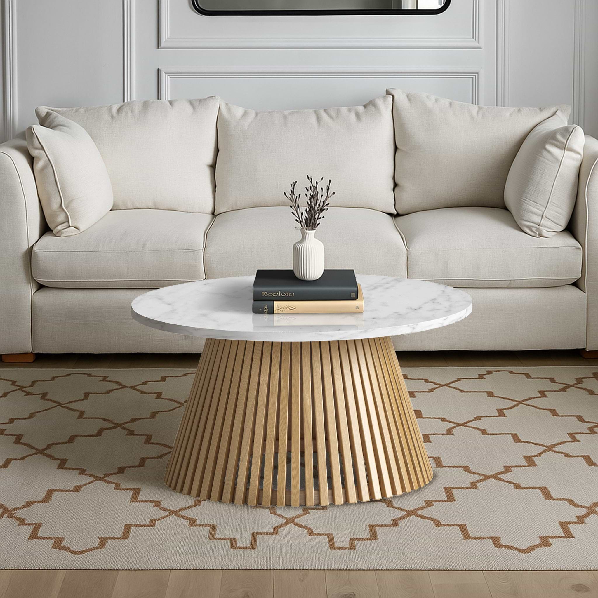 Shorwell Oak & Marble 80cm Round Coffee Table | Roseland