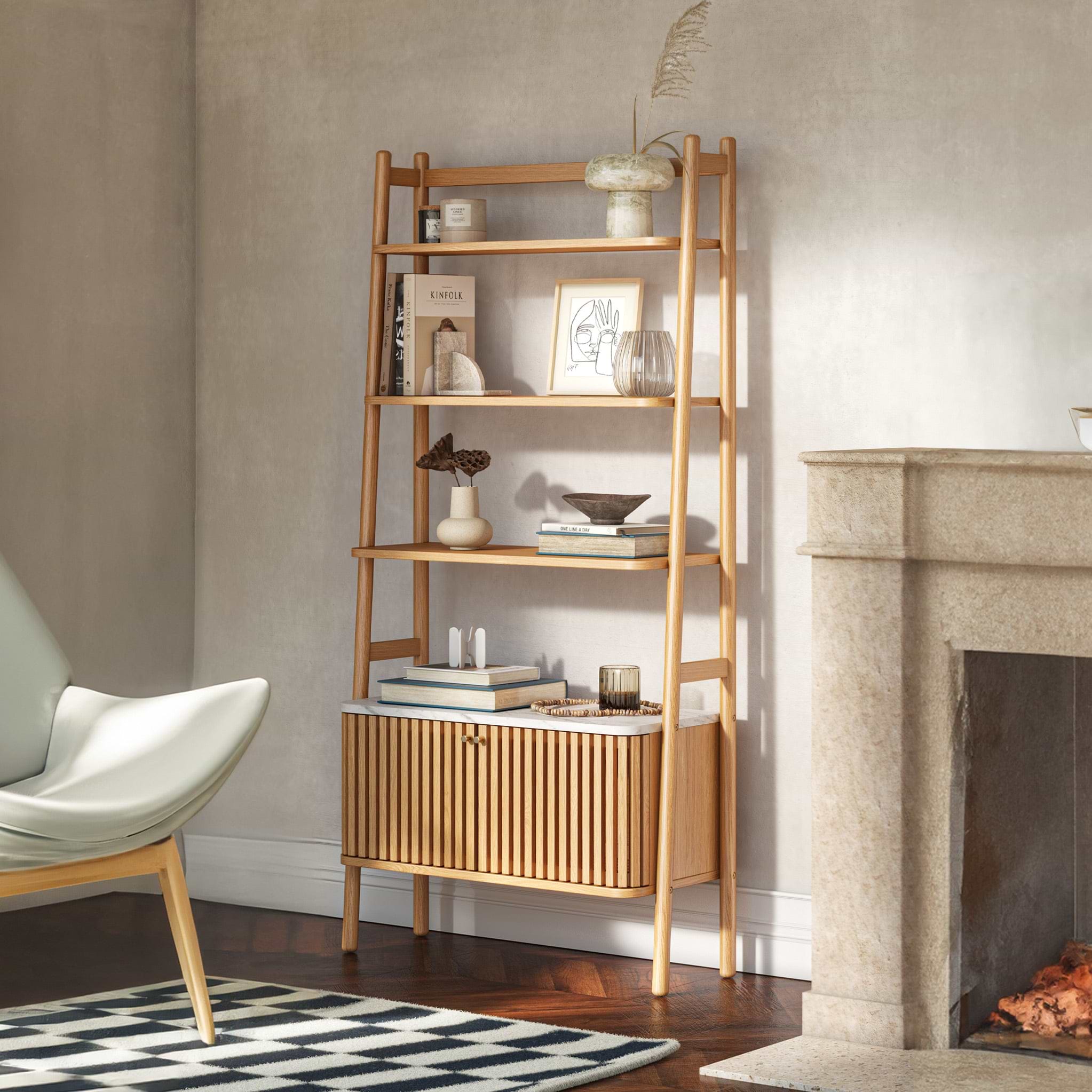 Shorwell Oak Marble Bookcase With 2 Door Slatted Cupboard Natural Life1 from Roseland Furniture