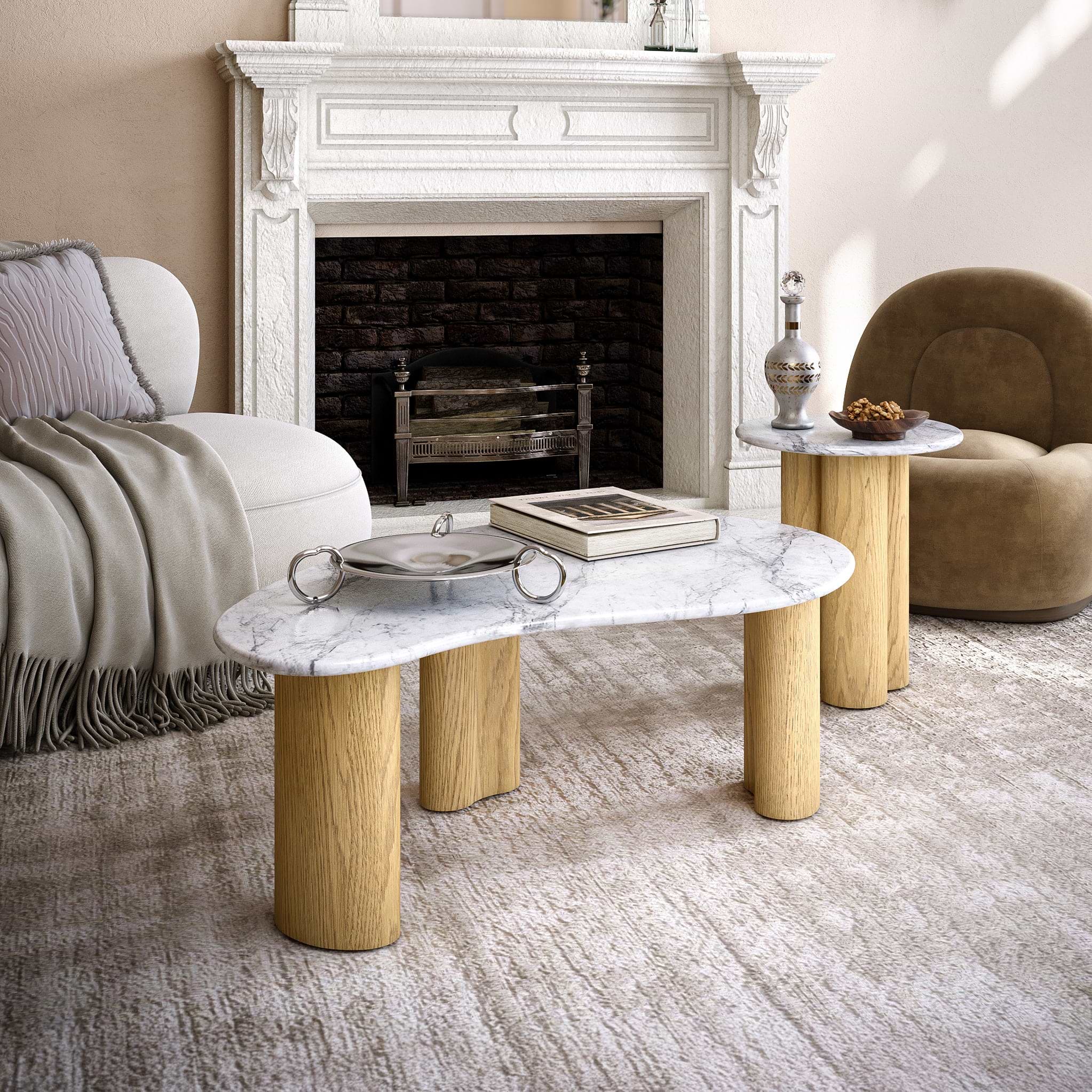 Nyssa Oak Tear Drop Coffee Table with Real Marble Top | Roseland