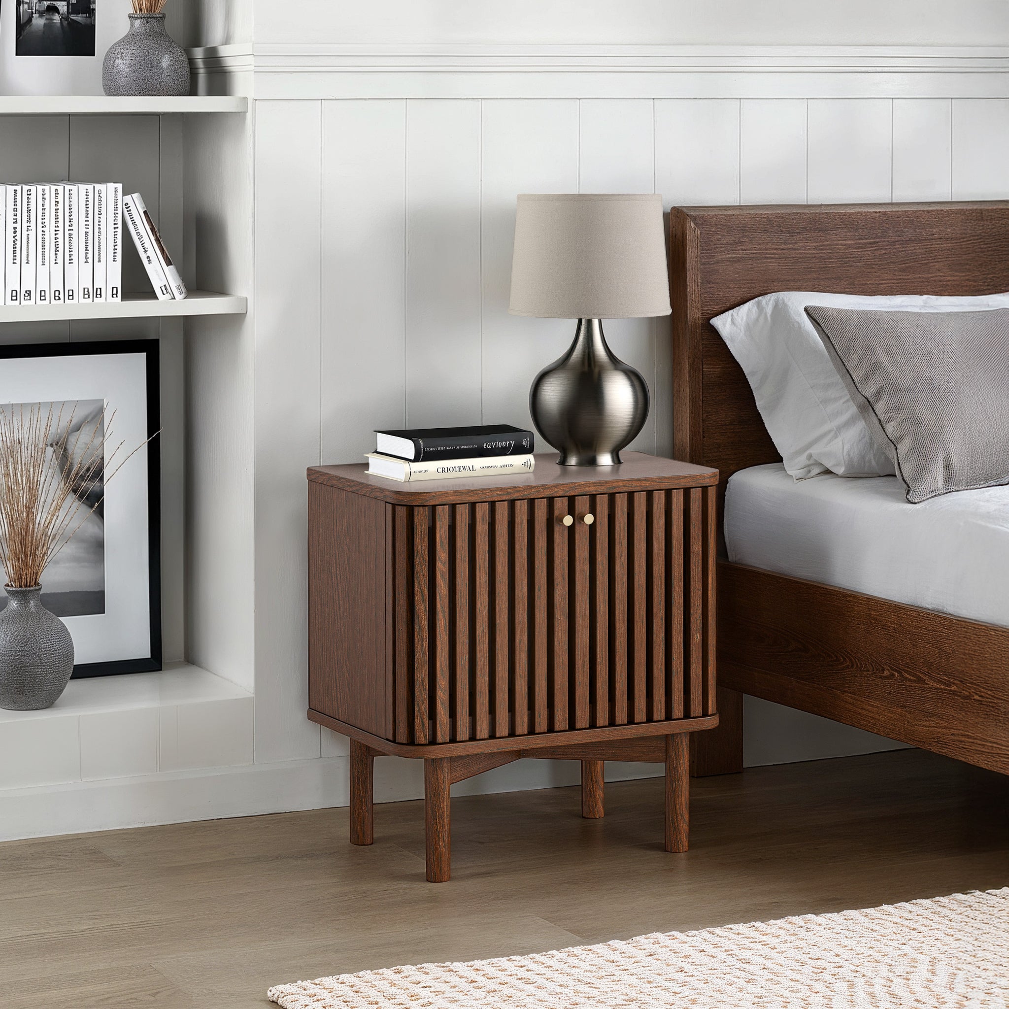 Shorwell Dark Oak Slatted 2 Door Bedside Table for Bedroom | Roseland