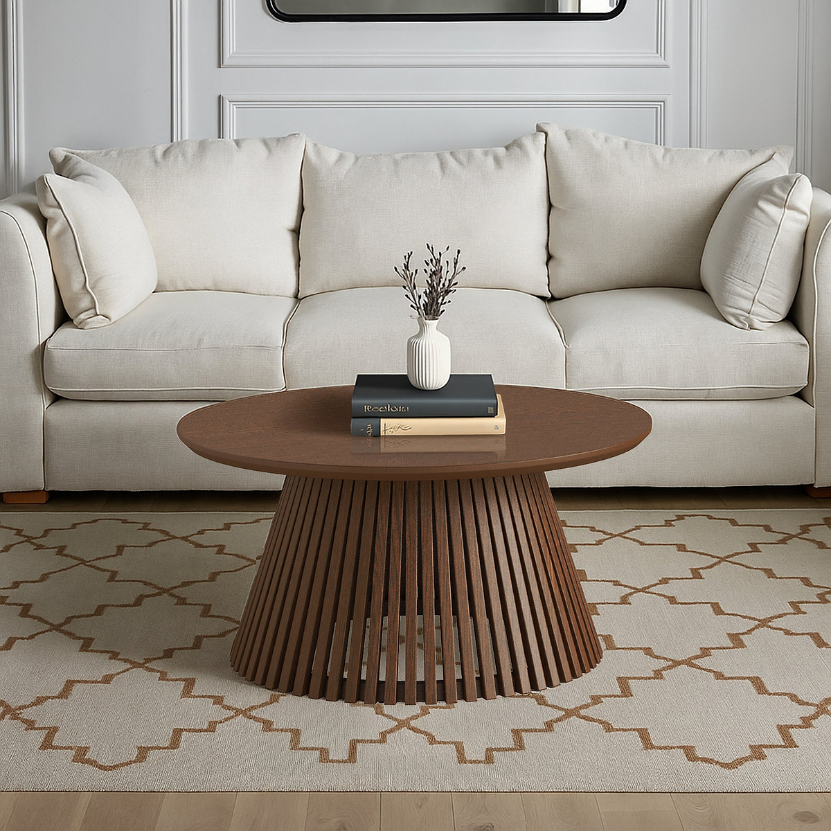 Shorwell Oak Slatted Round Coffee Table Dark Stain Front1 from Roseland Furniture