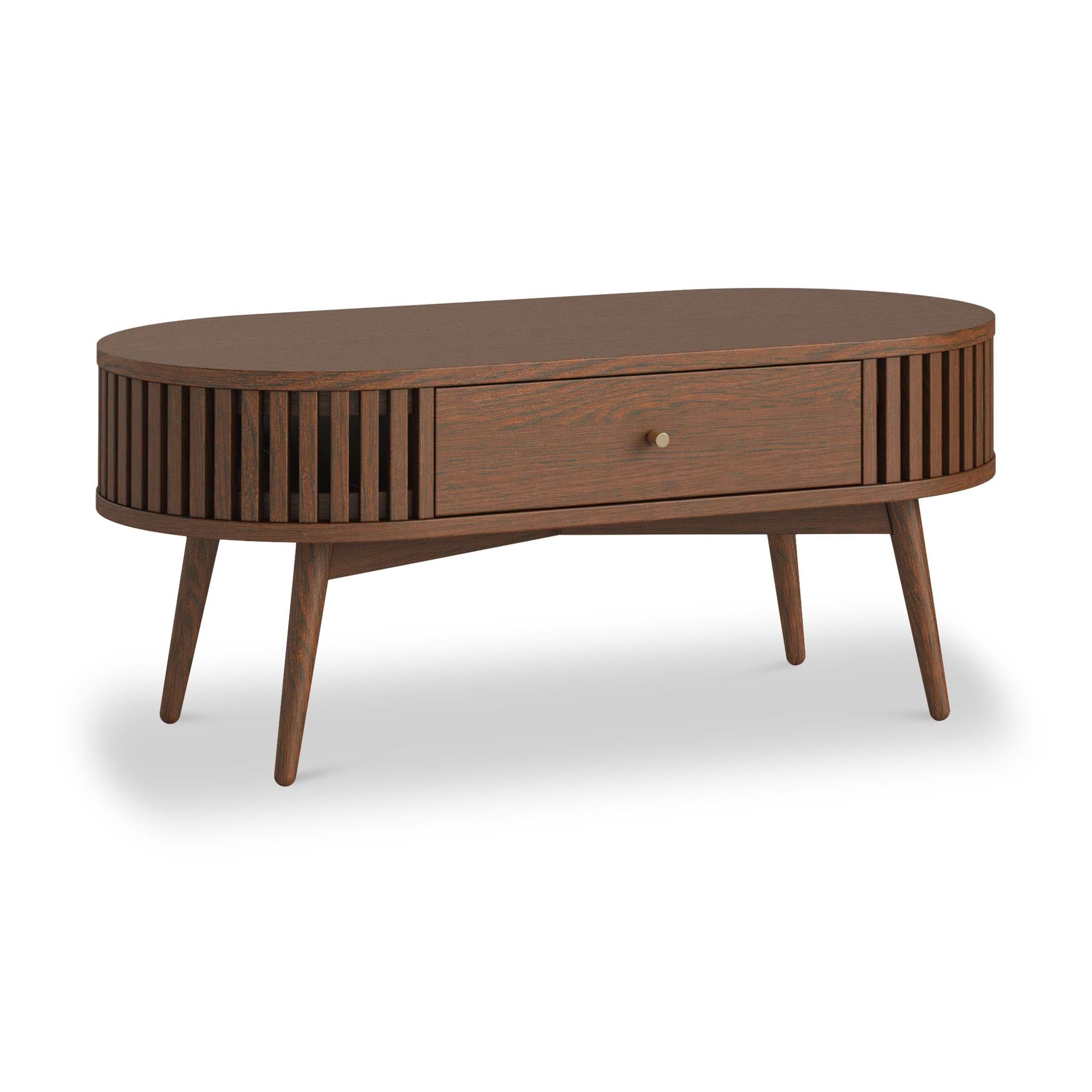 Shorwell Oak Slatted Oval 1 Drawer Coffee Table Dark Stain from Roseland Furniture