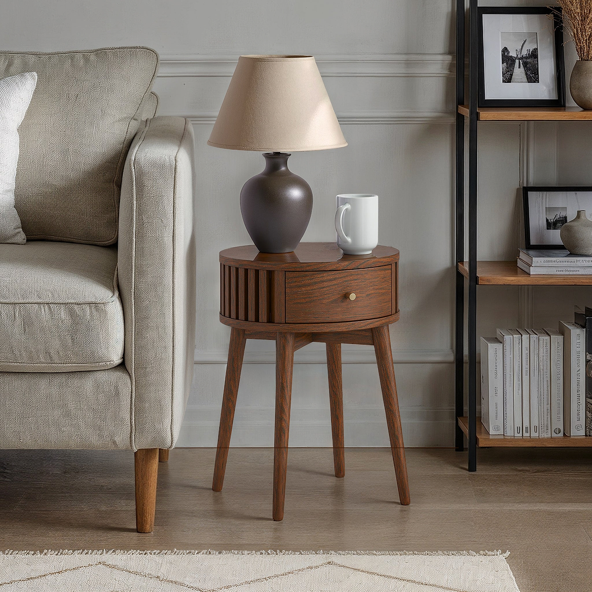 Shorwell Oak Slatted Round 1 Drawer Side Table Dark Stain from Roseland Furniture