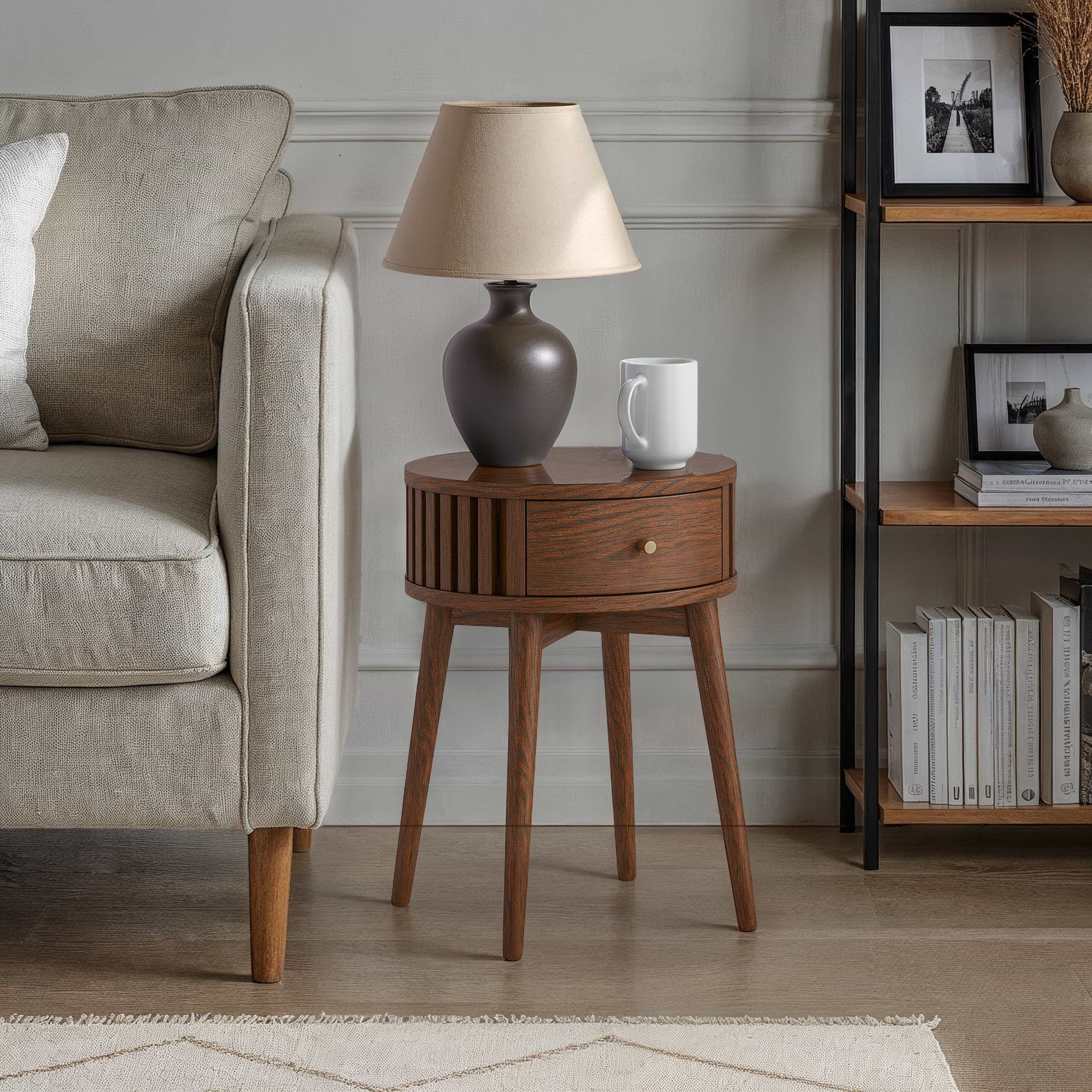Shorwell Oak Slatted Round 1 Drawer Side Table Dark Stain from Roseland Furniture