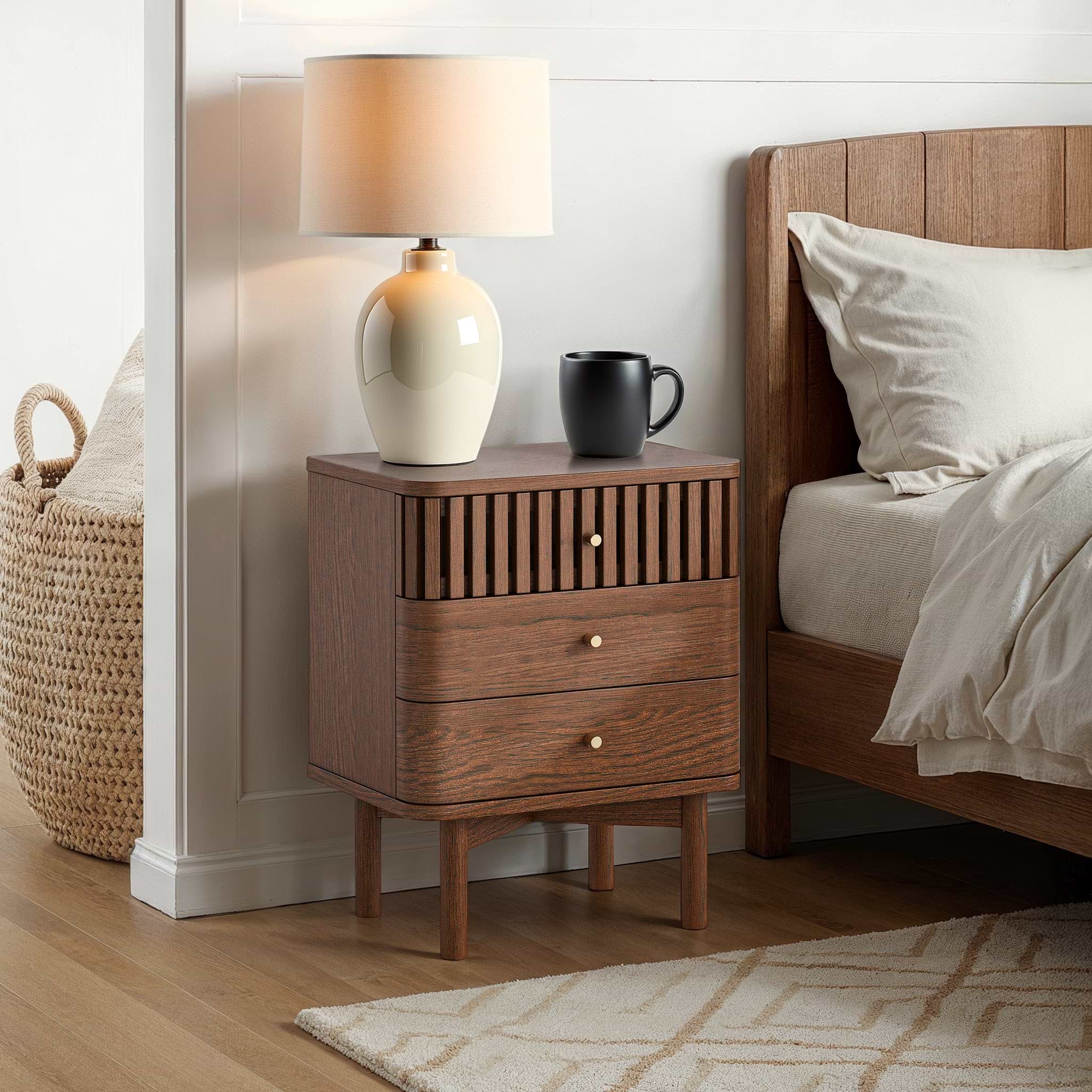 Shorwell Oak Slatted 3 Drawer Bedside Dark Stain from Roseland Furniture