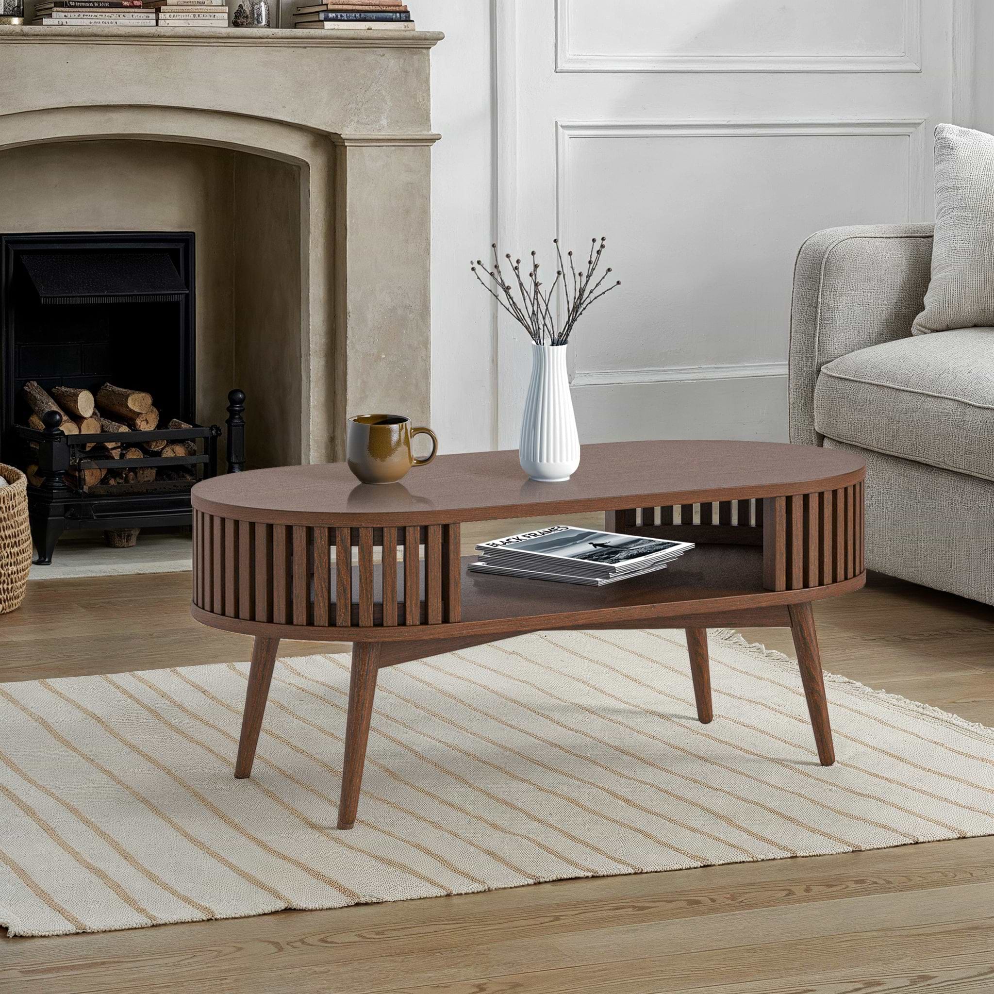 Shorwell Dark Oak Slatted Oval Coffee Table with Open Shelf | Roseland