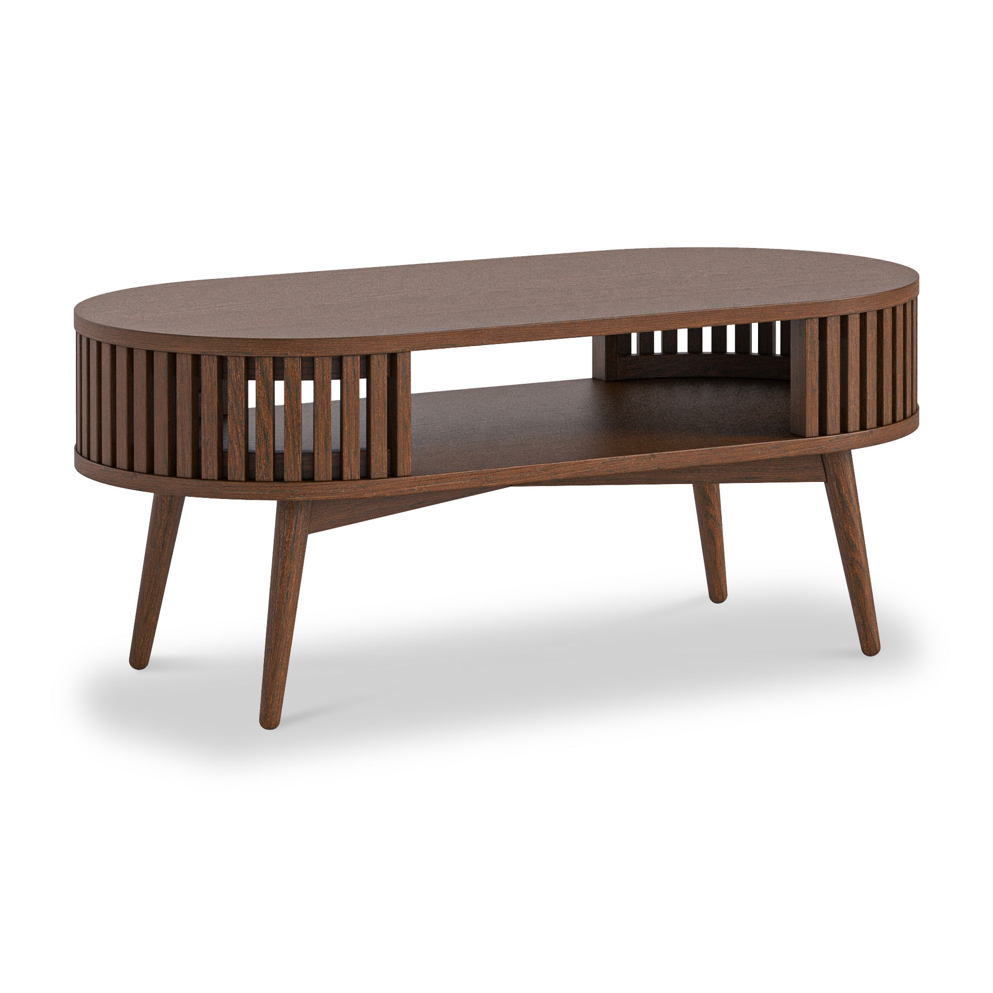 Shorwell Dark Oak Slatted Oval Coffee Table with Open Shelf | Roseland