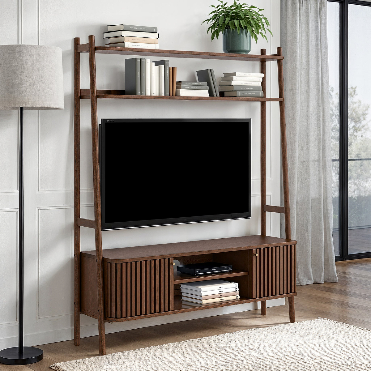 Shorwell Oak Slatted Small TV Ladder Unit Dark Stain from Roseland Furniture