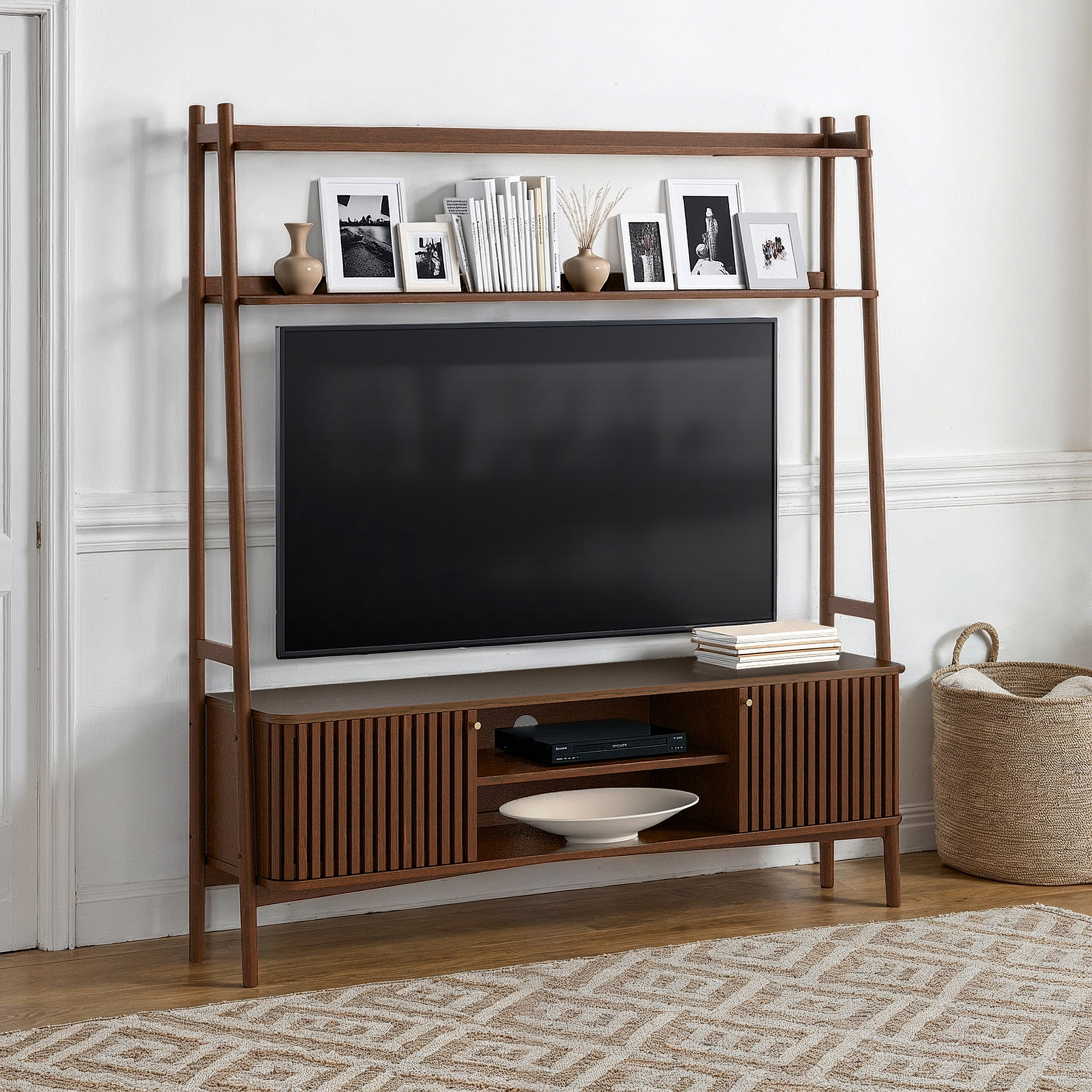Shorwell Oak Slatted Medium TV Ladder Unit Dark Stain from Roseland Furniture
