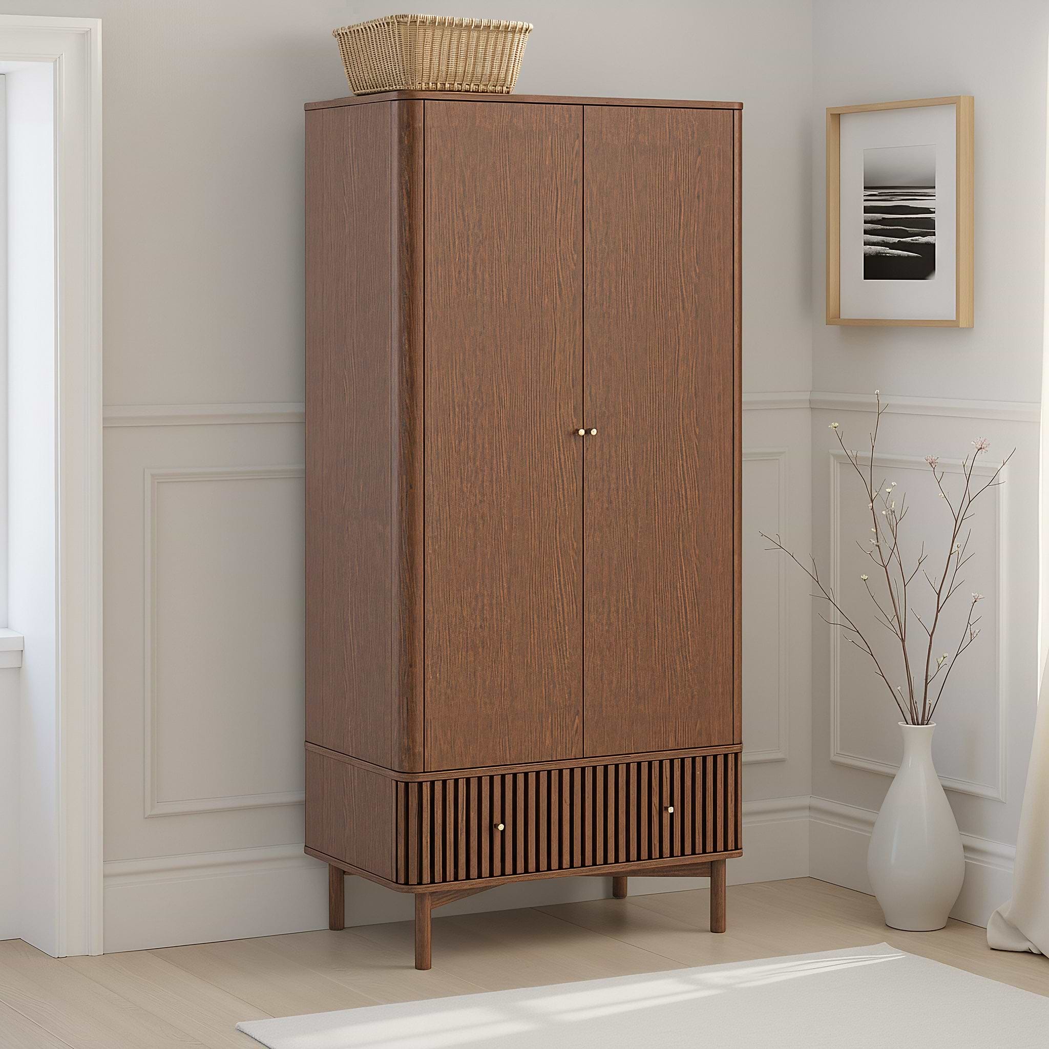 Shorwell Dark Oak Slatted Double Wardrobe with Drawer | Roseland