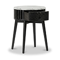 Modern Shorwell Black & Marble 1 Drawer Side Table with a black wood frame, slatted side panel, single open drawer, and four tapered legs, featuring a white marble top on a white background.