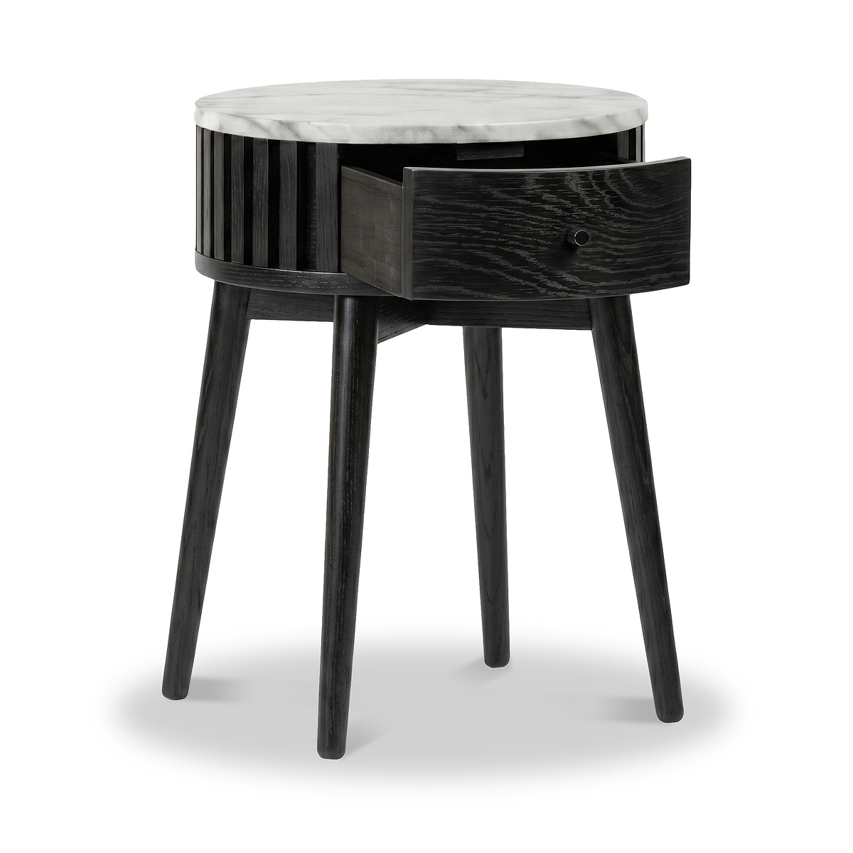Modern Shorwell Black & Marble 1 Drawer Side Table with a black wood frame, slatted side panel, single open drawer, and four tapered legs, featuring a white marble top on a white background.