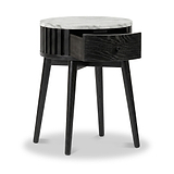 Modern Shorwell Black & Marble 1 Drawer Side Table with a black wood frame, slatted side panel, single open drawer, and four tapered legs, featuring a white marble top on a white background.