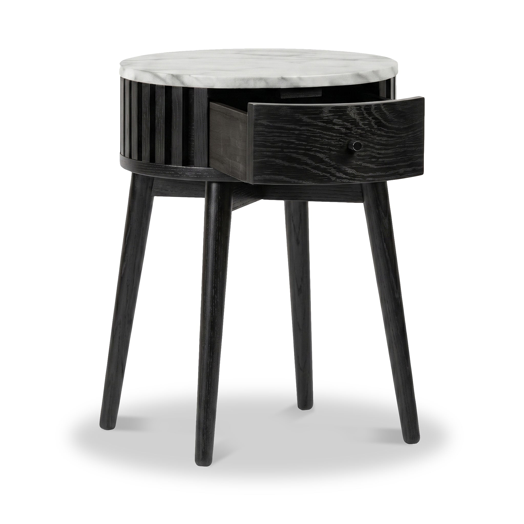 Modern Shorwell Black & Marble 1 Drawer Side Table with a black wood frame, slatted side panel, single open drawer, and four tapered legs, featuring a white marble top on a white background.