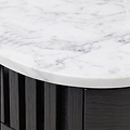 Close-up of a Shorwell Black & Marble 1 Drawer Side Table tabletop with gray veining and a dark wood slatted base.