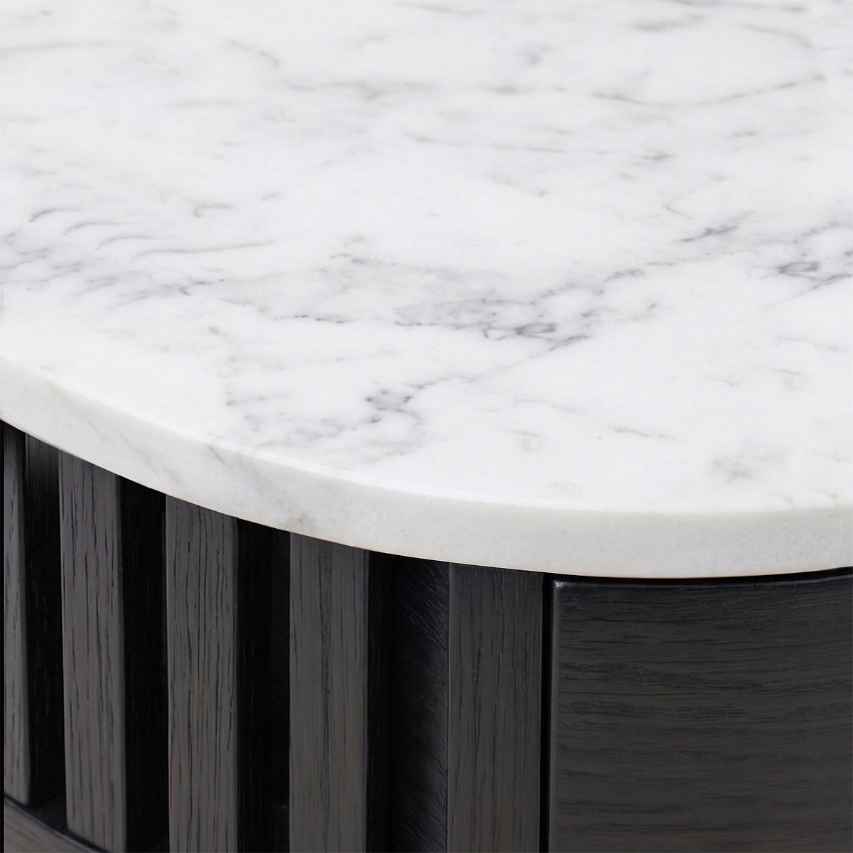 Close-up of a Shorwell Black & Marble 1 Drawer Side Table tabletop with gray veining and a dark wood slatted base.