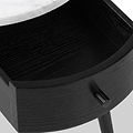 Close-up of a Shorwell Black & Marble 1 Drawer Side Table drawer with a curved front, a small round black knob, and part of a white marble tabletop visible at the top edge.