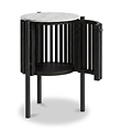 A modern black side table with a round white marble top, featuring a slatted cylindrical body and a hinged side door, shown on a white background.