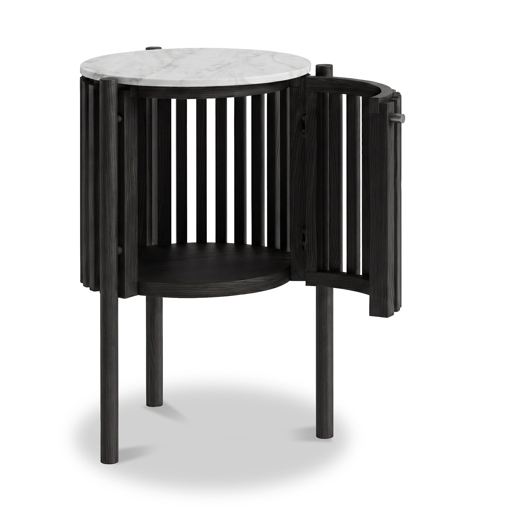 A modern black side table with a round white marble top, featuring a slatted cylindrical body and a hinged side door, shown on a white background.