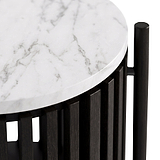 Close-up of a Shorwell Black & Marble 1 Door Side Table with a white marble top and a dark wood slatted base, shown against a plain white background.