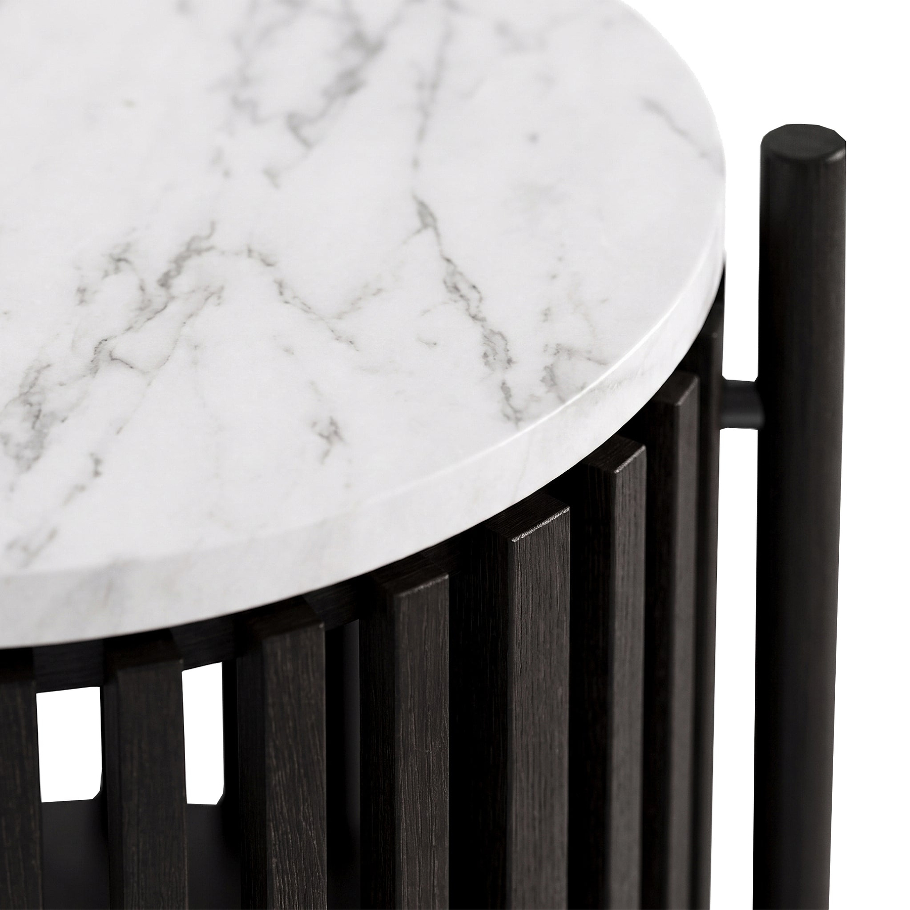 Close-up of a Shorwell Black & Marble 1 Door Side Table with a white marble top and a dark wood slatted base, shown against a plain white background.