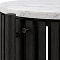 Close-up of Shorwell Black & Marble 1 Door Side Table with a white marble top and a dark charcoal black slatted base with a round metal pull handle.