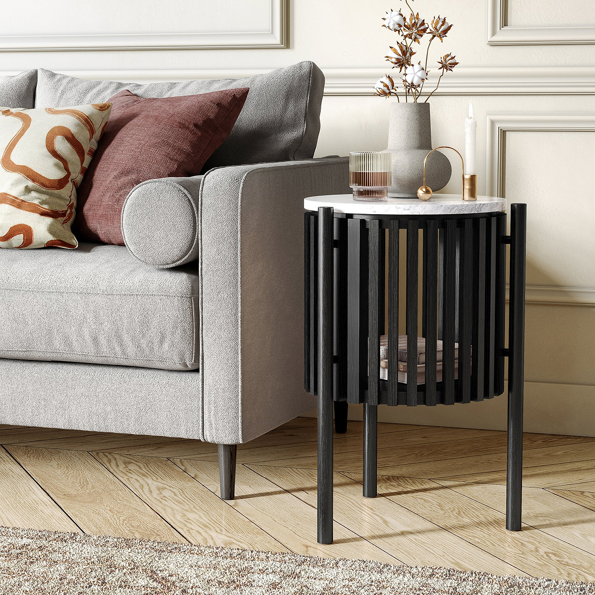 Shorwell Black & Marble 1 Door Side Table from Roseland Furniture