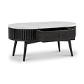 An oval Shorwell Black & Marble 1 Drawer Oval Coffee Table with a white marble top, a black slatted side panel, and a single open drawer, shown on a white background.