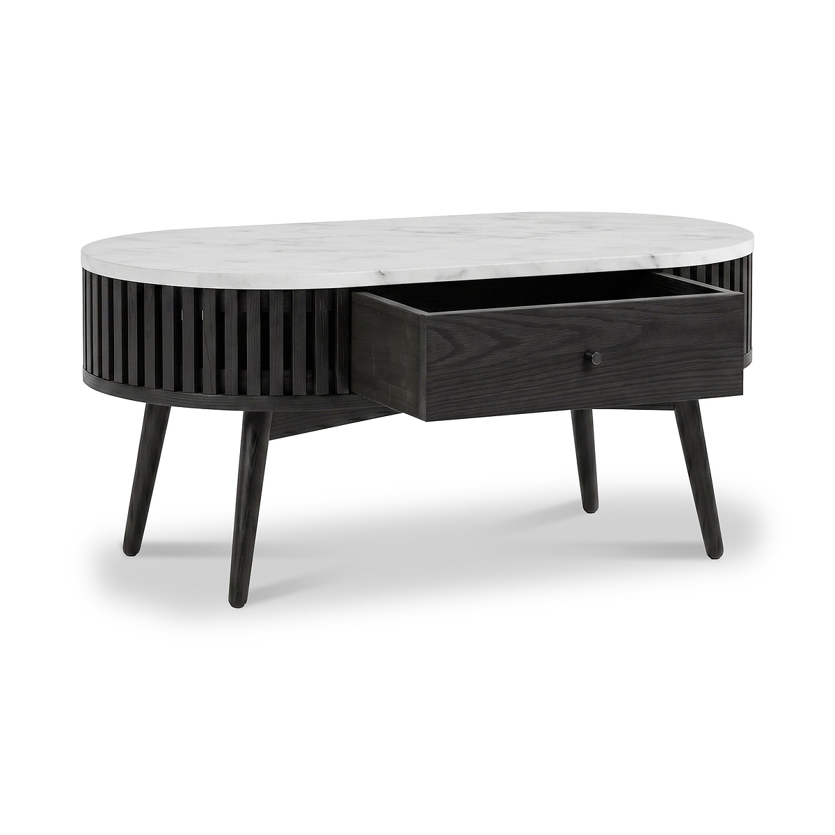 An oval Shorwell Black & Marble 1 Drawer Oval Coffee Table with a white marble top, a black slatted side panel, and a single open drawer, shown on a white background.