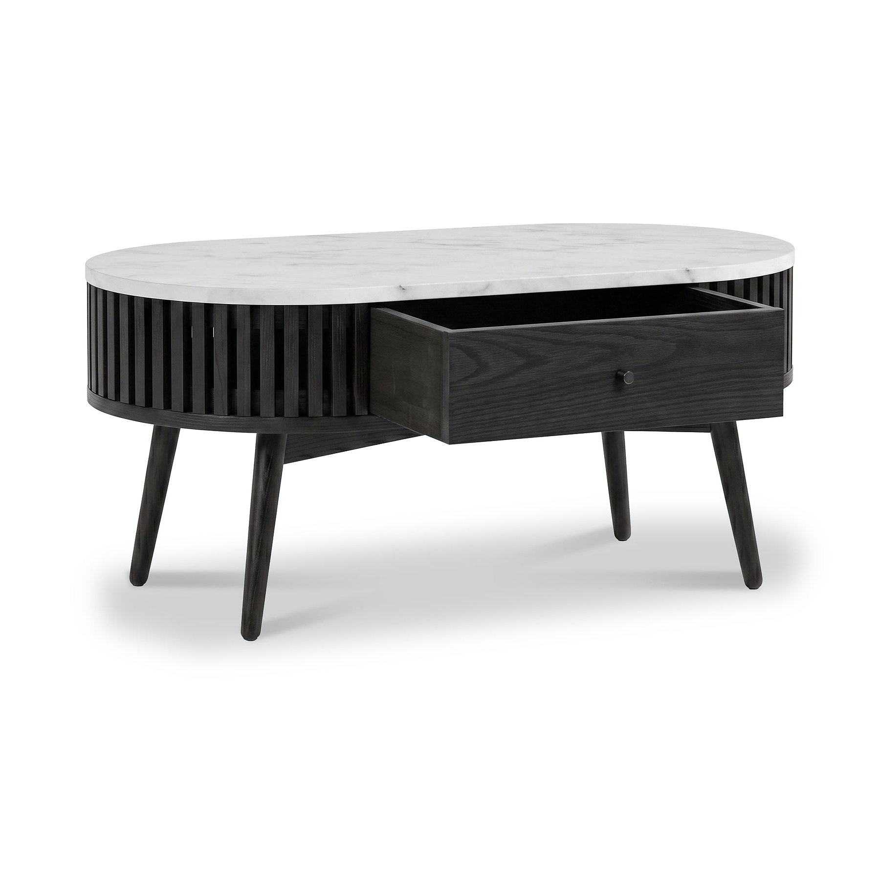 An oval Shorwell Black & Marble 1 Drawer Oval Coffee Table with a white marble top, a black slatted side panel, and a single open drawer, shown on a white background.